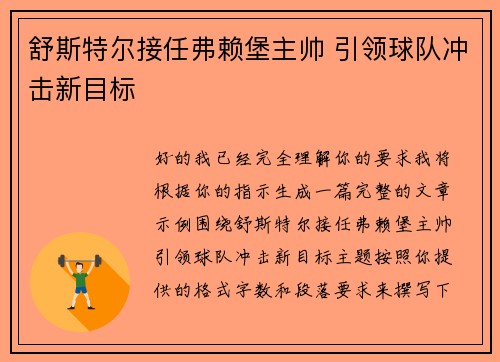 舒斯特尔接任弗赖堡主帅 引领球队冲击新目标